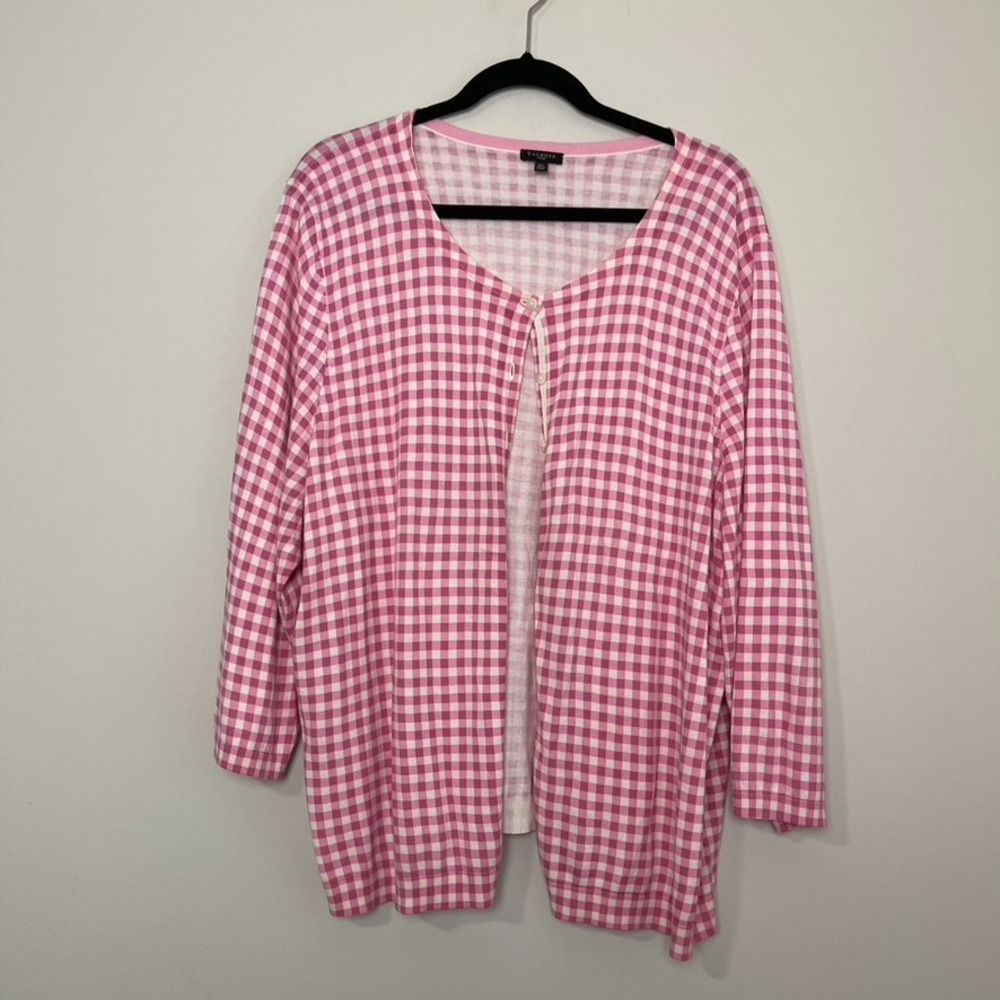 Talbots Pink Gingham Cardigan Sweater Preppy Coastal Grandmother Cottagecore